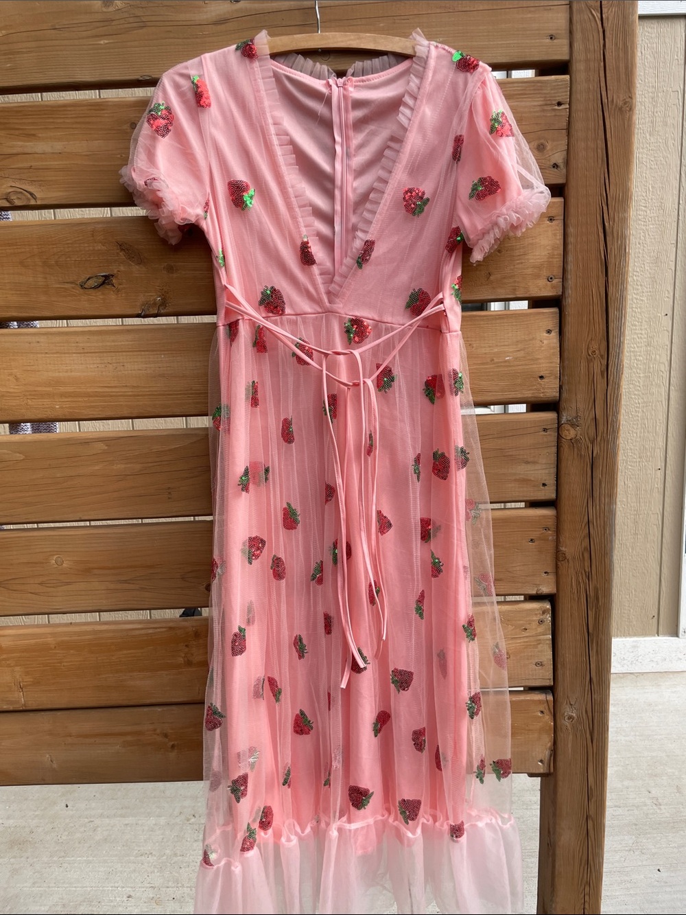 Pink Strawberry Tulle Midi Dress Short Puff Sleeve Ruffle Gown Fits like a Large